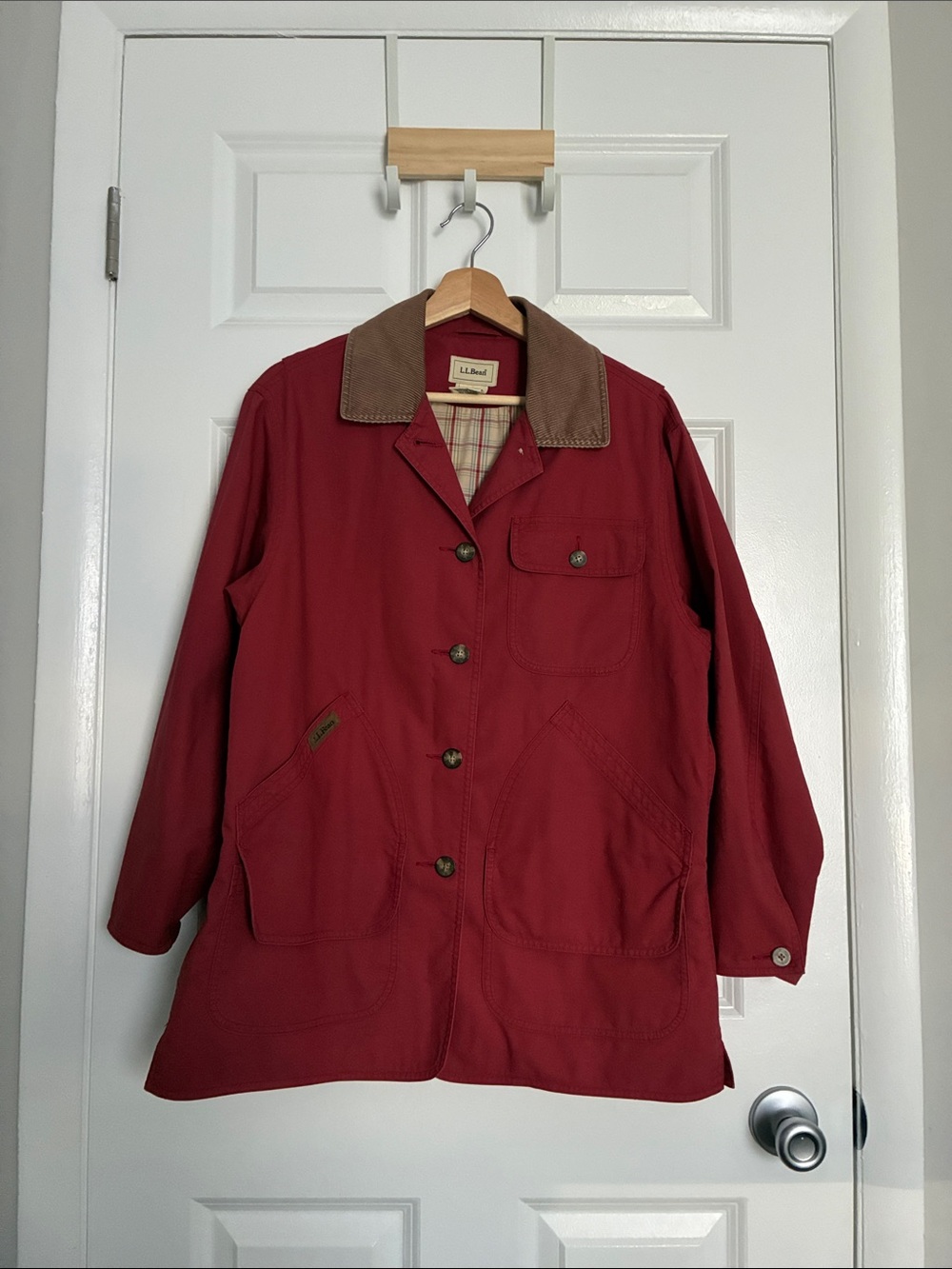 L.L. Bean Women's Red Utility Jacket with Brown Corduroy Collar